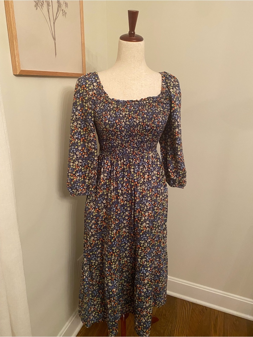 Gap Smocked Navy Floral Midi Dress with Puff Sleeves